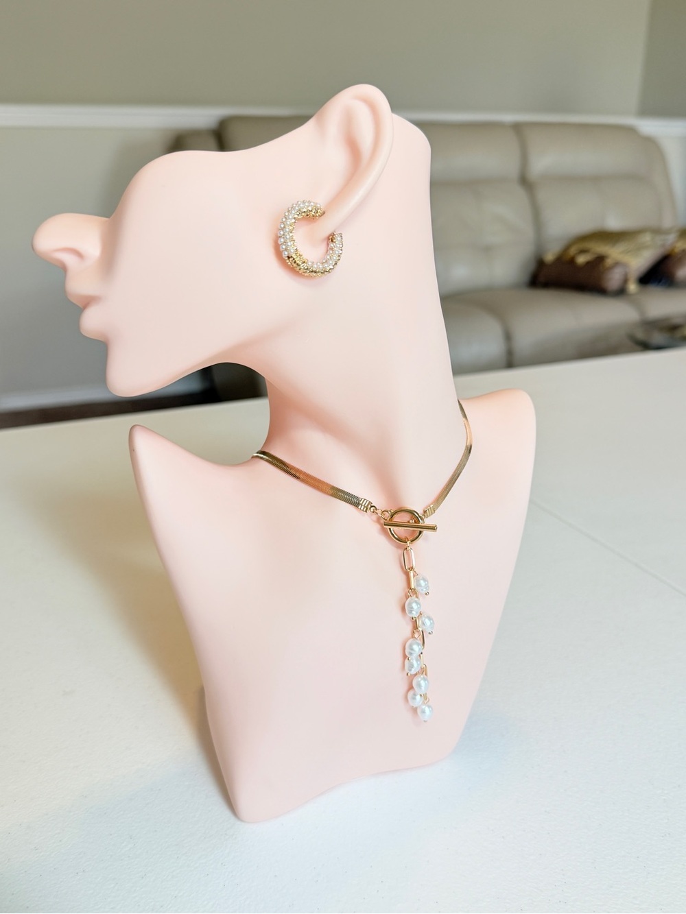 Gold Toggle Necklace with White Pearl Drop - Picture 6 of 11